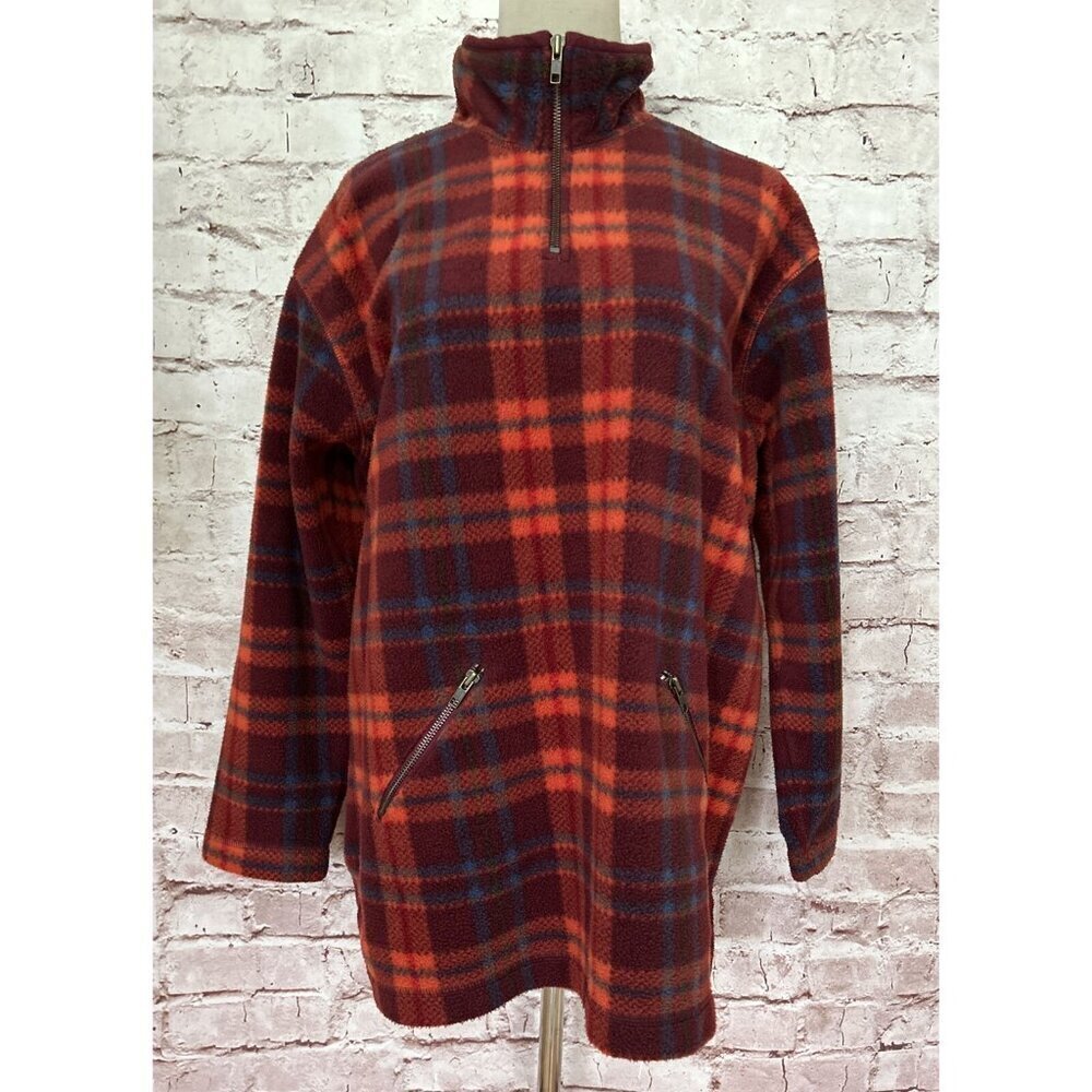 Vintage Talbots Fleece Mock Neck Plaid Camping Pullover Women SMALL Oversized